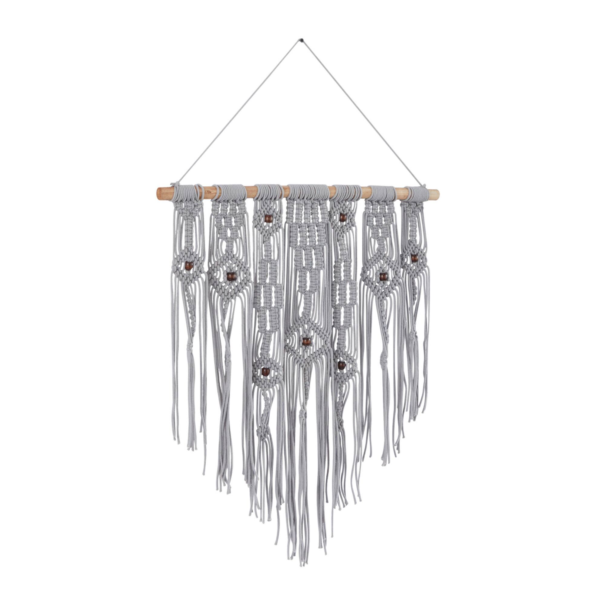 Gray Cotton Intricately Weaved Macrame Wall Decor with Beaded Fringe Tassels 27" x 1" x 36"